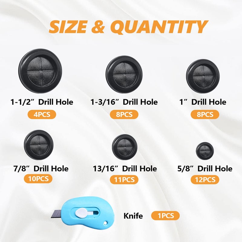 mankk 53Pcs Rubber Grommet Kit,6 Size (5/8" 13/16" 7/8" 1" 1-3/16" 1-1/2") Drill Hole Round Double Sided Rubber Hole Plug with Retractable Box Knife for Protecting Cable Wire M-119 - Image 2
